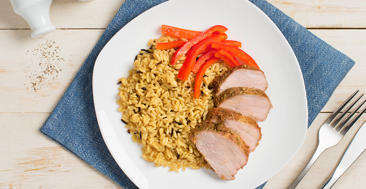 30 Minute Spiced Pork Tenderloin with Sautéed Peppers & Long Grain and Wild Rice