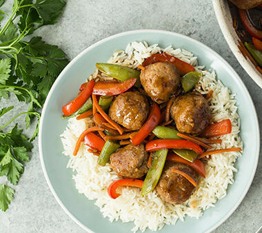 15 Minute Maple Teriyaki Meatballs with Veggies and Rice