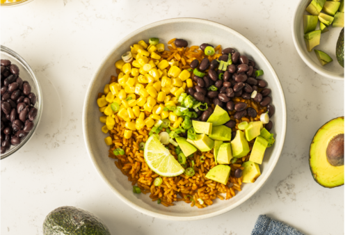 Mexican Rice Bowl with Avocado, Corn, Beans & Lime